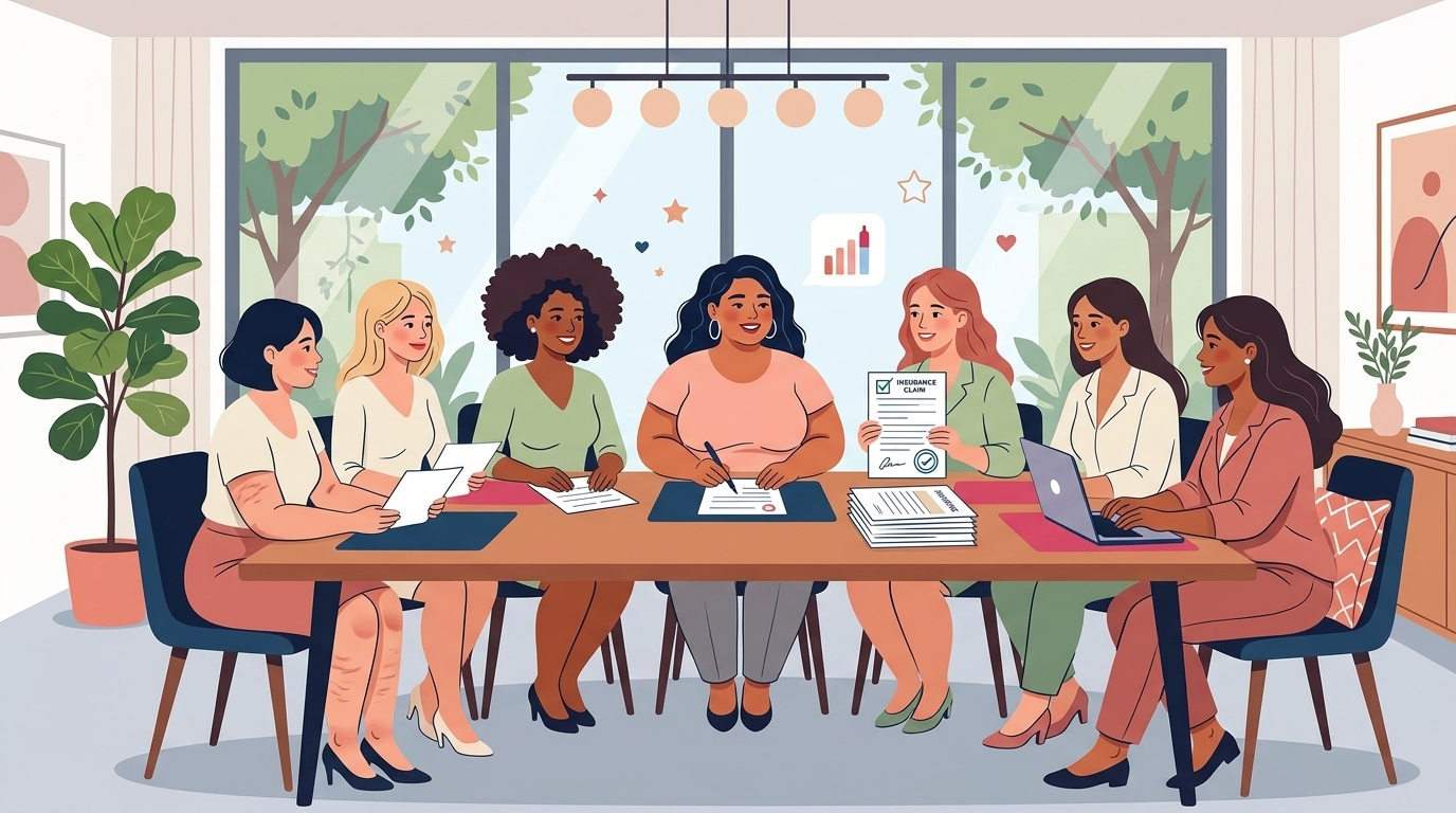 Frauen unterschiedlicher Körpertypen (schlank, durchschnittlich, plus-size) mit typischen Lipödem-Merkmalen sitzen entspannt am Tisch und besprechen Finanzierungsunterlagen.