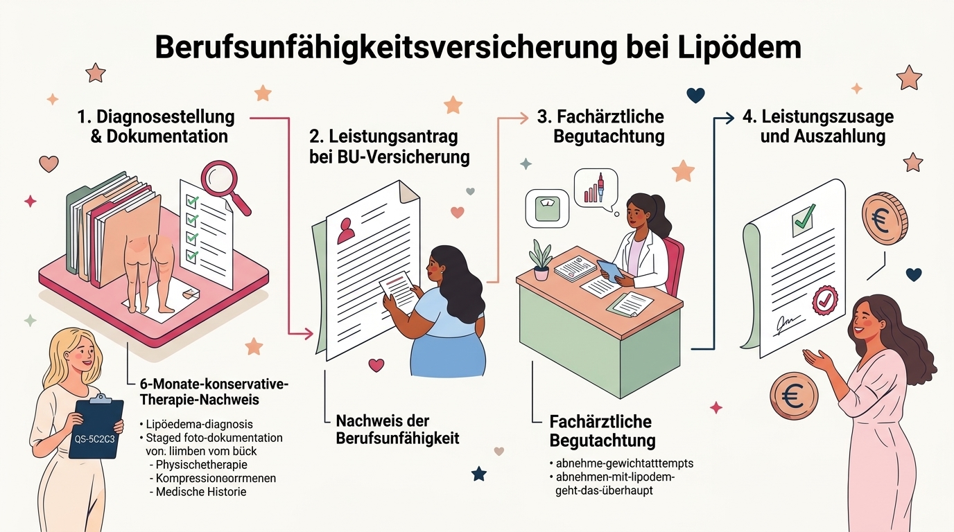 Infografik zum Ablauf der Leistungsprüfung bei Berufsunfähigkeit durch Lipödem von der Dokumentation bis zur Rentenzahlung · KI-generiert