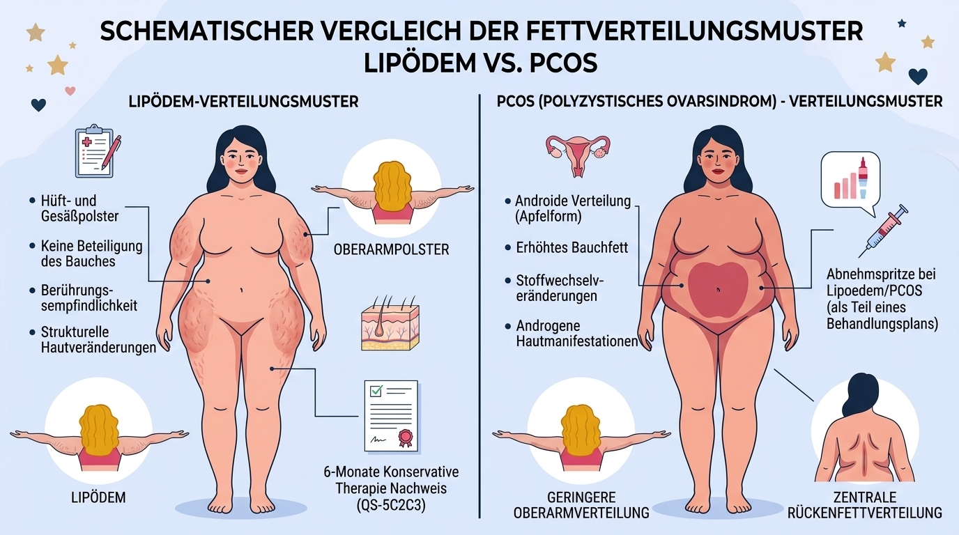 Schematischer Vergleich der Fettverteilungsmuster bei Lipödem und PCOS · KI-generiert