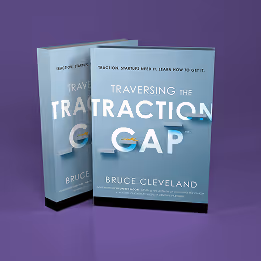 Book cover of 'Traversing the Traction Gap' by Bruce Cleveland with a blue gradient background and white text.