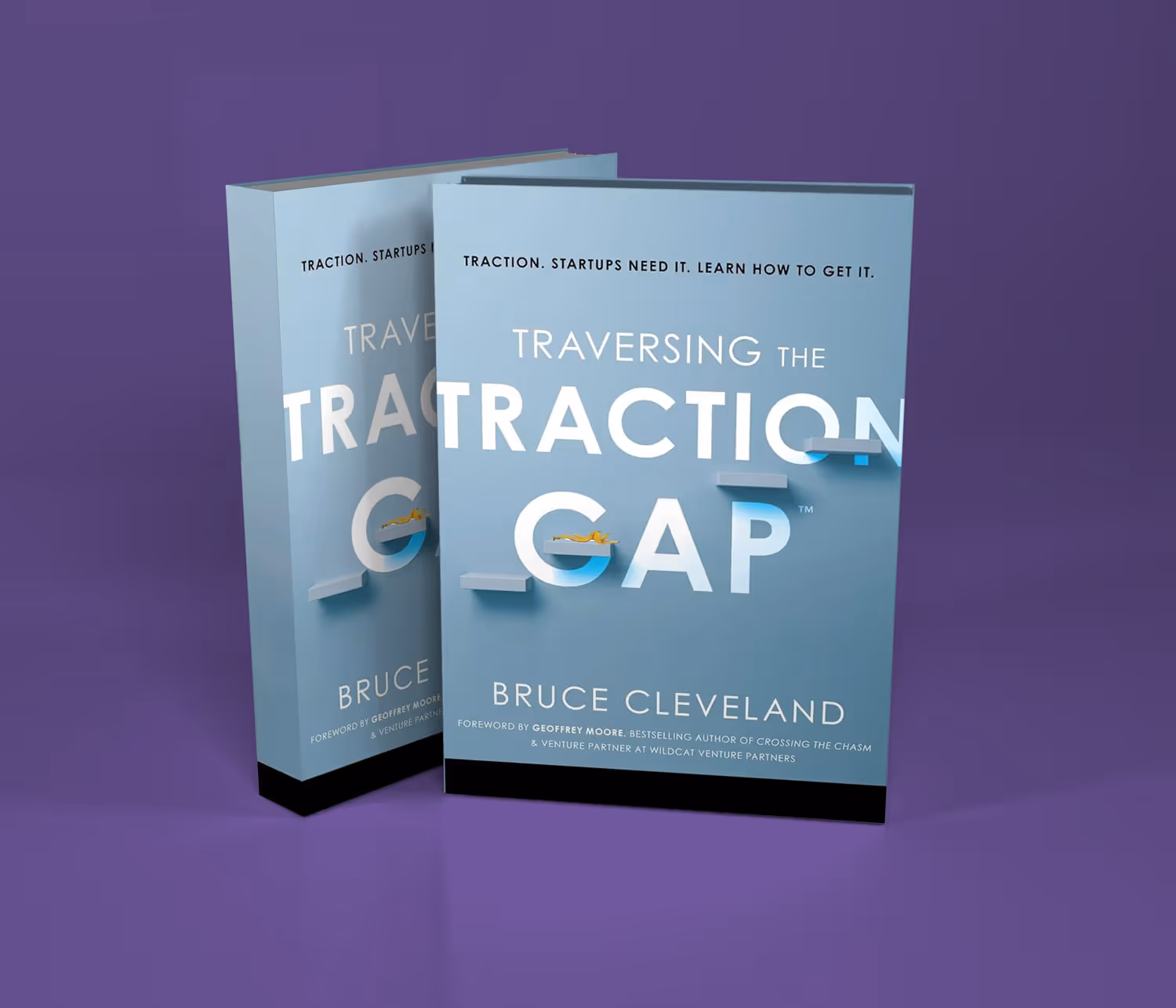 Two copies of the book 'Traversing the Traction Gap' by Bruce Cleveland with a blue cover and a purple background.