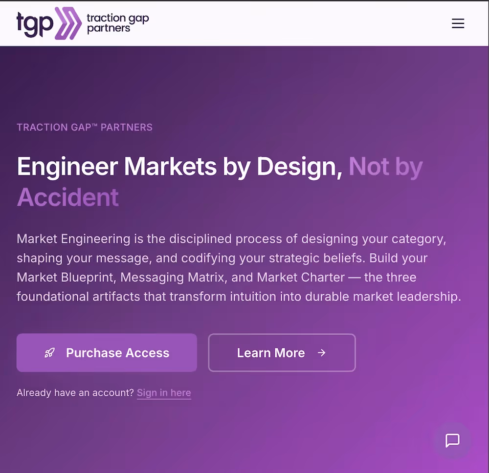 Traction Gap Partners webpage with headline 'Engineer Markets by Design, Not by Accident' and buttons for Purchase Access and Learn More on a purple background.