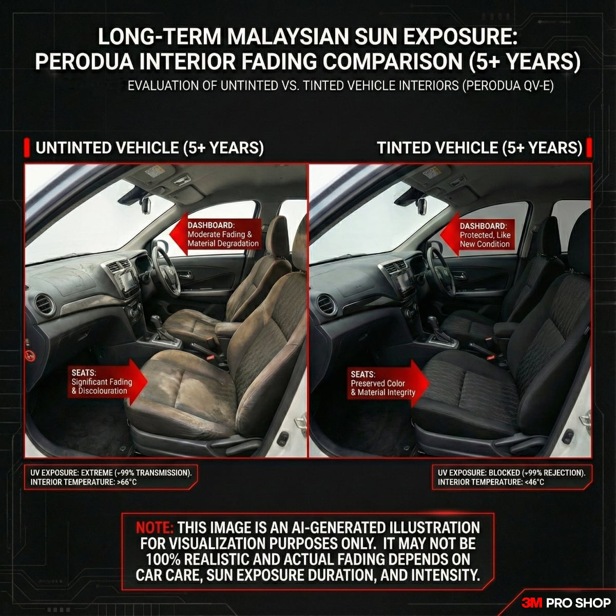Perodua QV-E window tint UV protection comparison showing faded dashboard and cracked interior without tint versus protected interior with ceramic tint