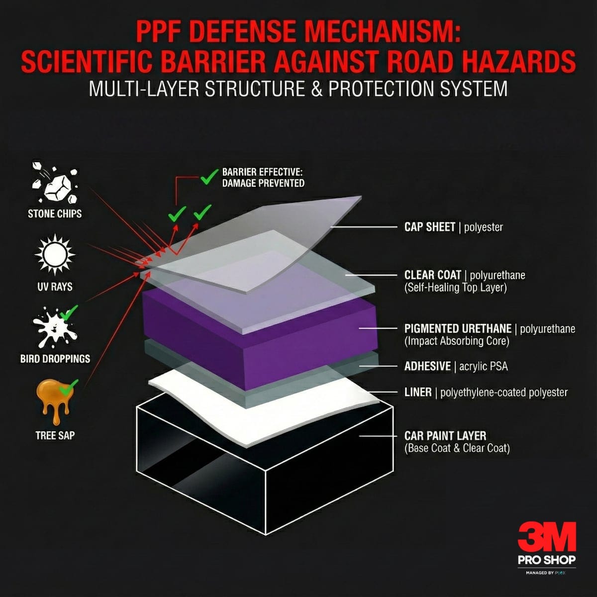 3M PPF Malaysia protection diagram showing how paint protection film shields car paint from stone chips and UV damage
