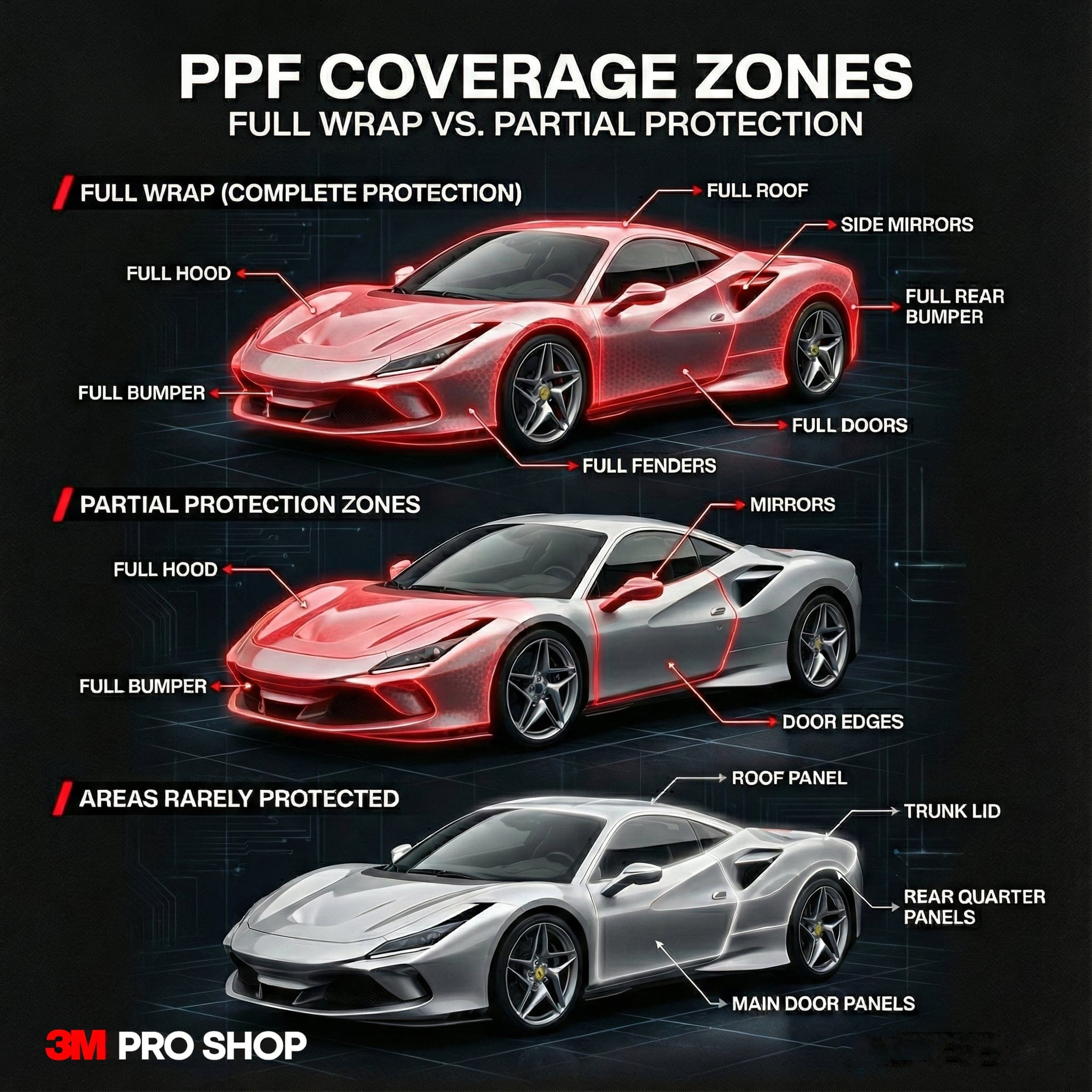 PPF coverage diagram showing which car panels benefit most from paint protection film in Malaysia