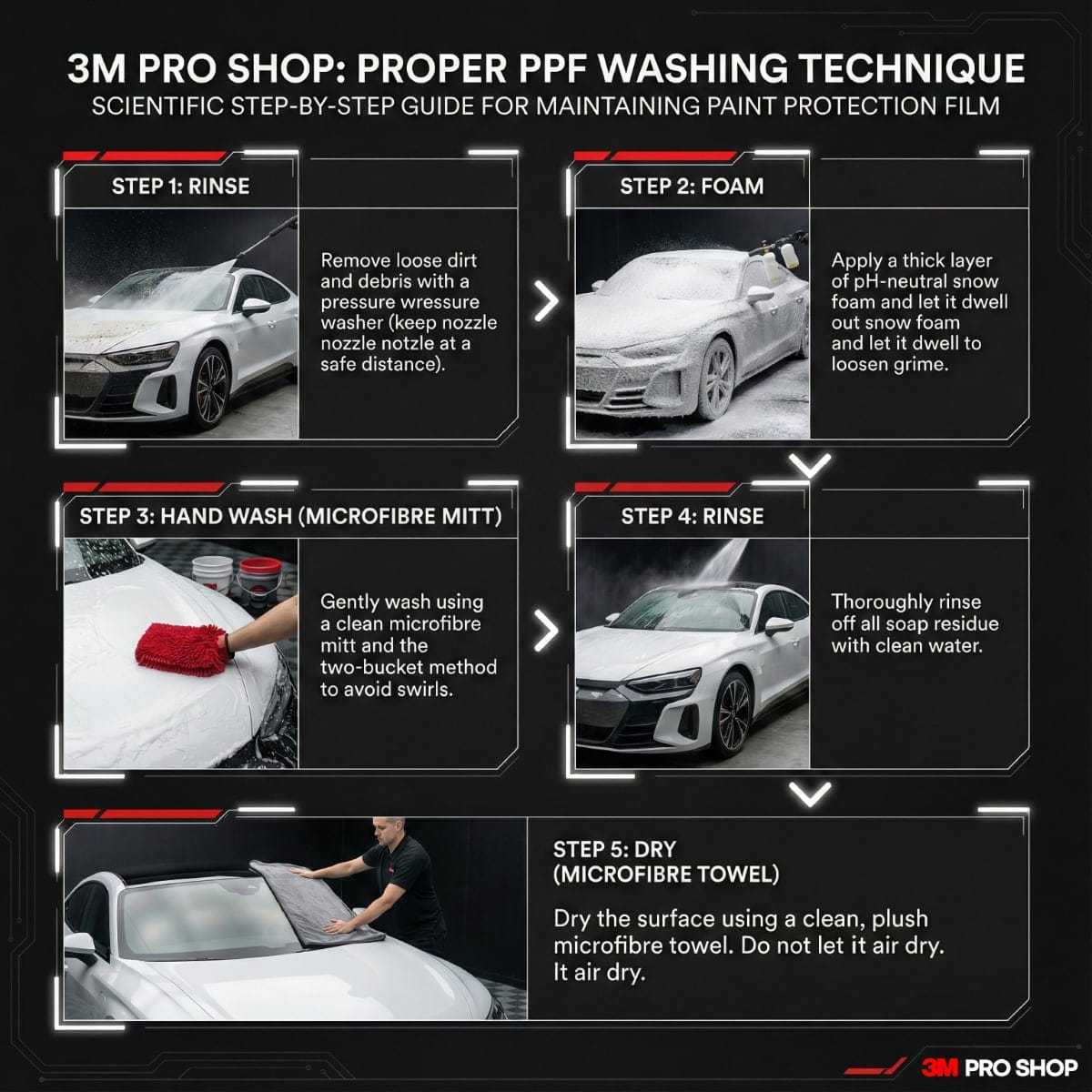 3M PPF washing guide infographic showing proper cleaning steps for paint protection film in Malaysia