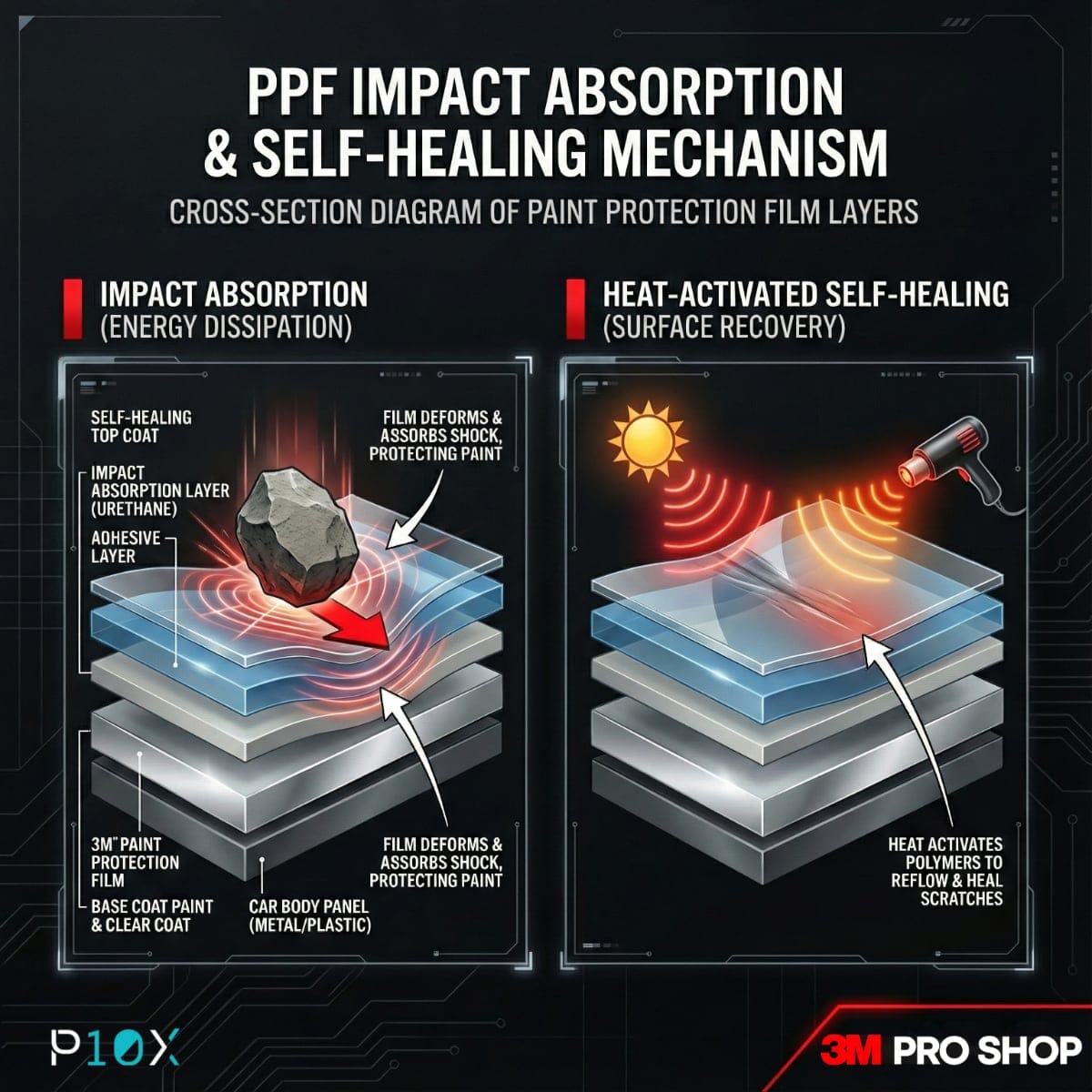 3M paint protection film cross-section showing protective layers on car paint