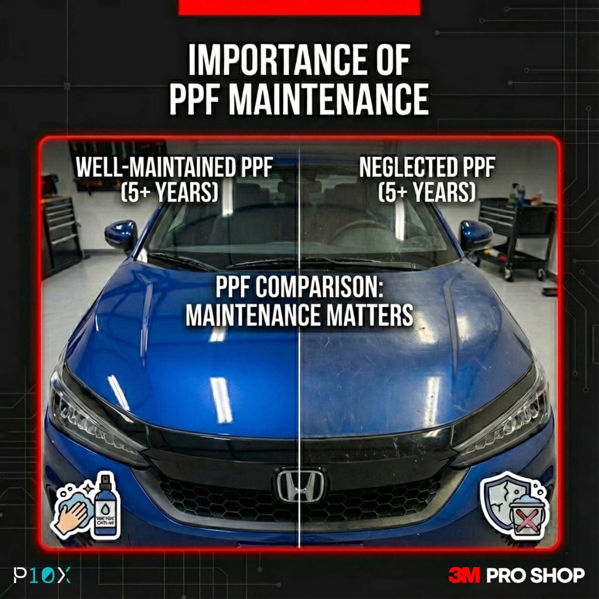 PPF maintenance Malaysia comparison showing difference between well-maintained and neglected paint protection film