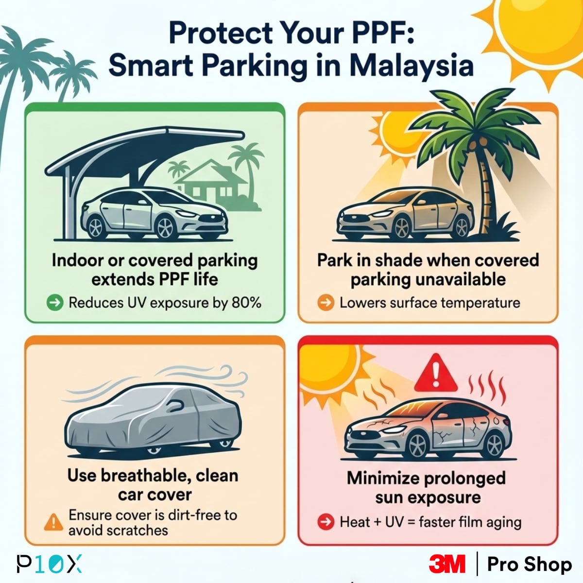 Paint protection film care tips Malaysia showing smart parking and storage practices to reduce UV and heat damage in tropical climate