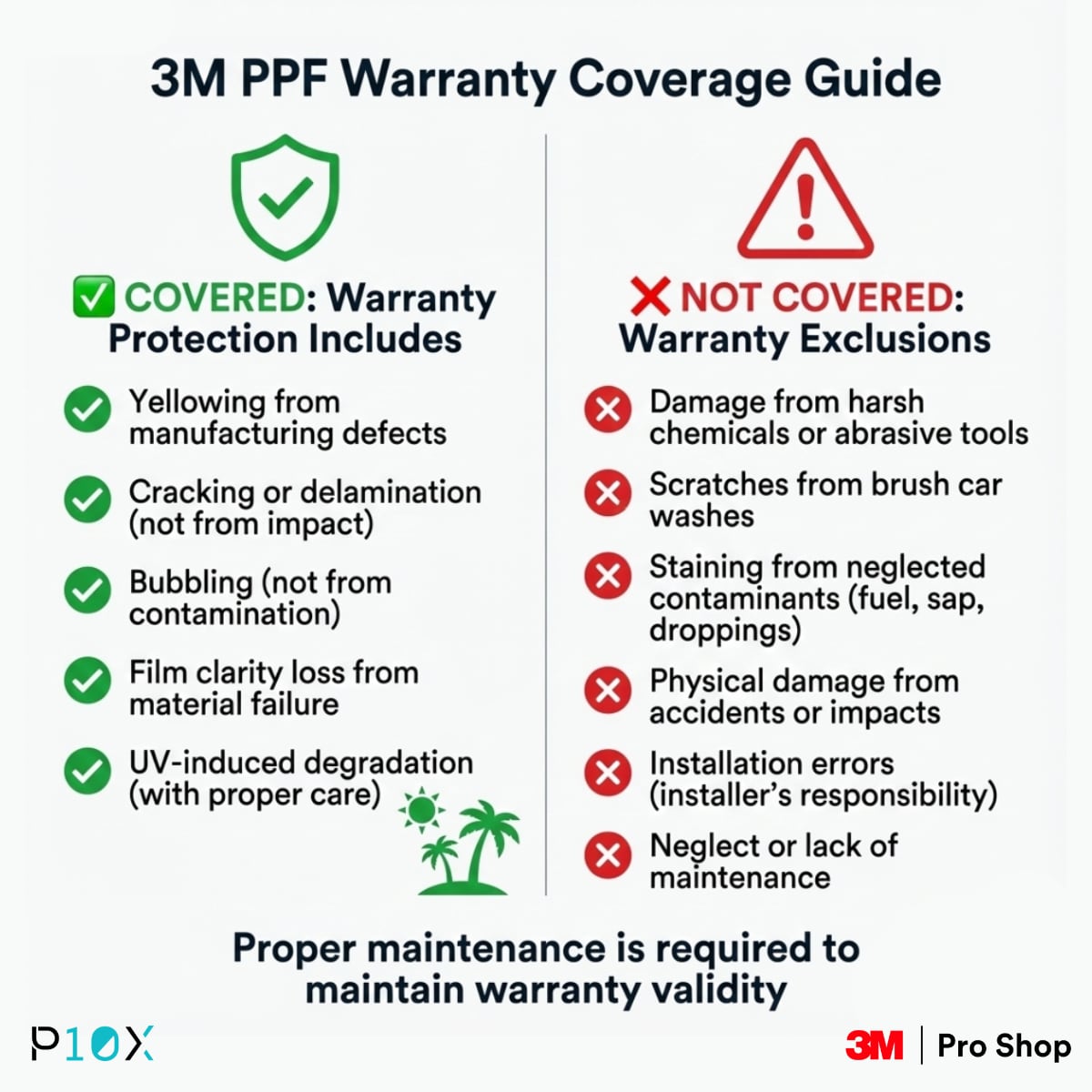 PPF warranty Malaysia breakdown showing covered protection against defects and exclusions for improper maintenance or physical damage