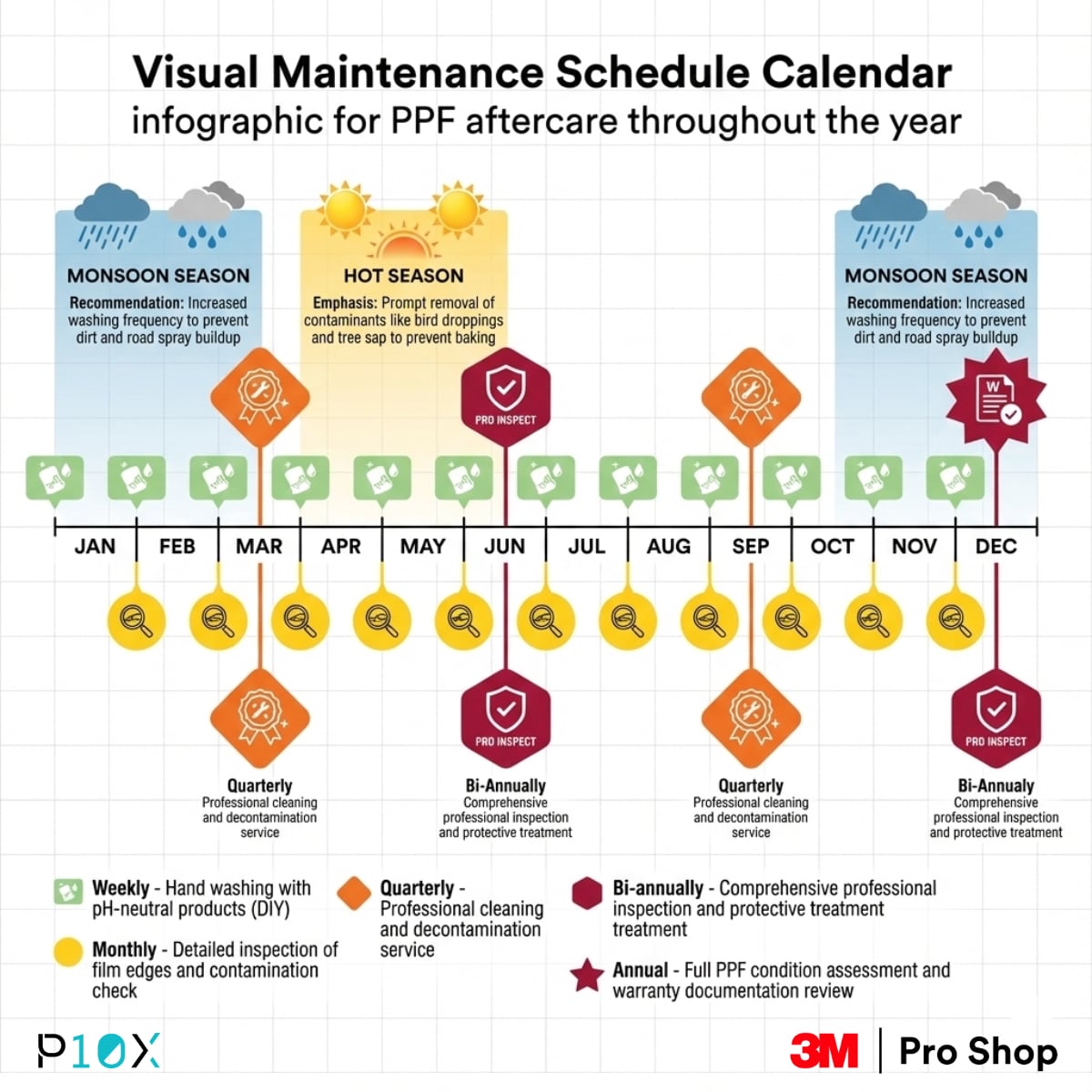 PPF maintenance schedule showing annual aftercare timeline with weekly washing and professional service intervals for Malaysian climate