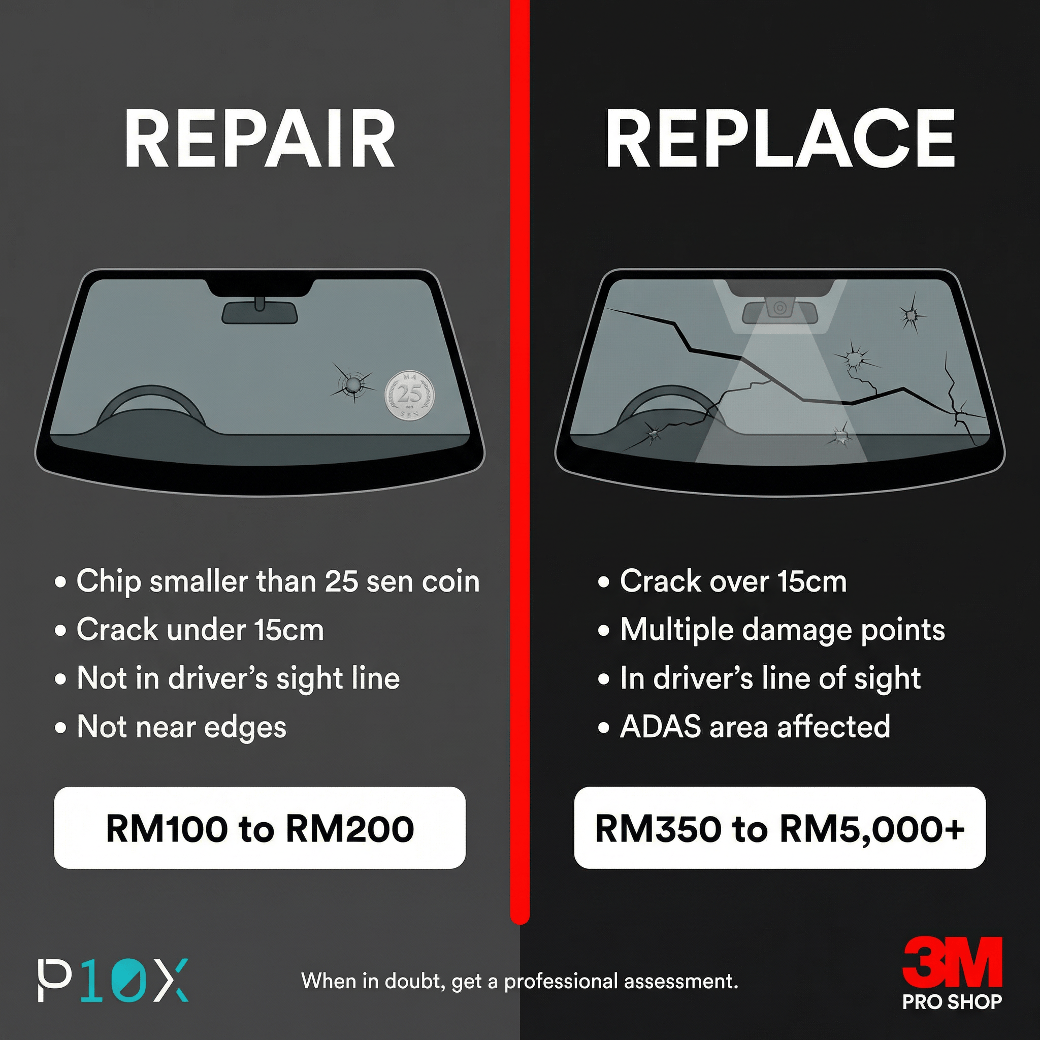 Windscreen replacement versus repair decision guide showing damage size thresholds and cost ranges in Malaysia