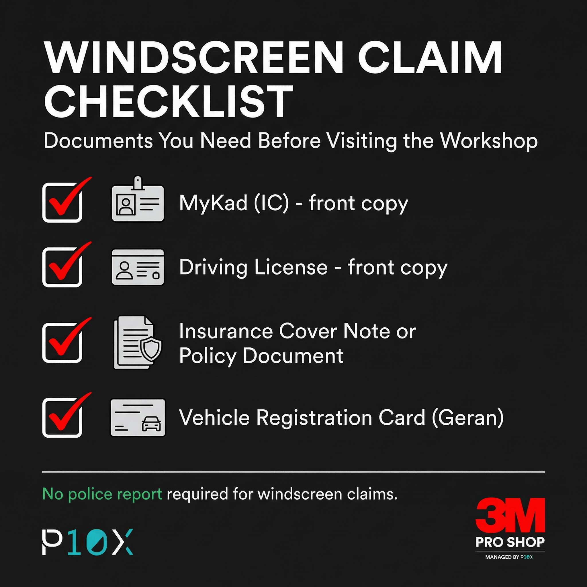 Windscreen claim NCD checklist showing the four documents needed for filing a windscreen insurance claim in Malaysia