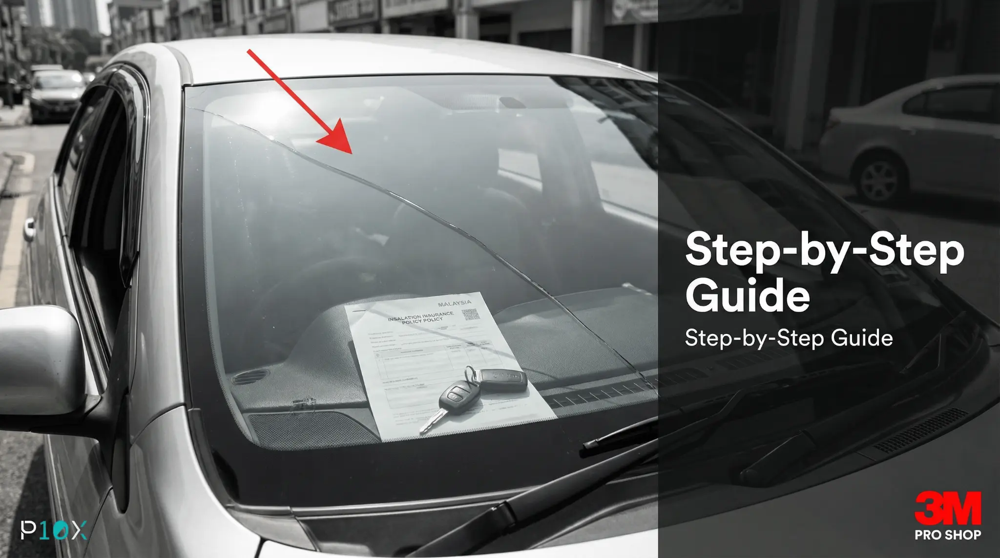 How to claim windscreen insurance in Malaysia, showing a cracked windscreen with an insurance document on the dashboard