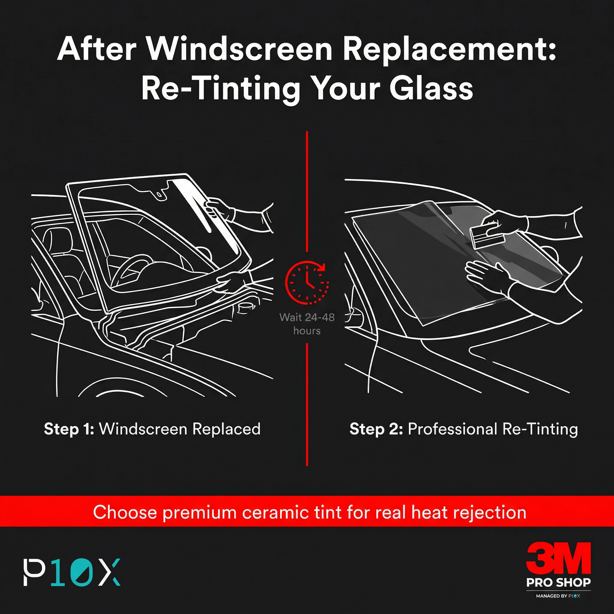 Windscreen insurance claim in Malaysia followed by professional re-tinting showing the two-step process after glass replacement