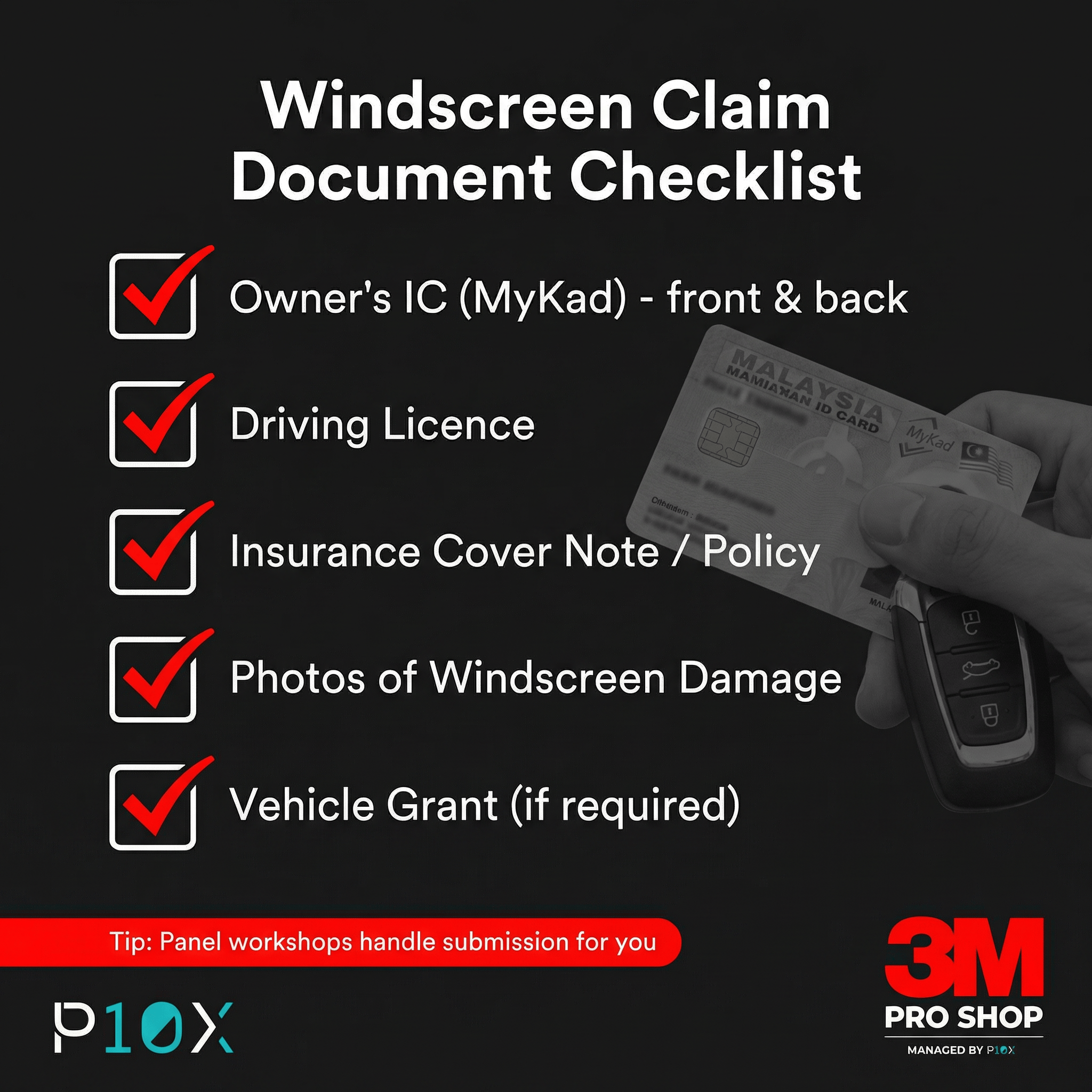 How to claim windscreen insurance in Malaysia document checklist showing IC, driving licence, cover note, and damage photos