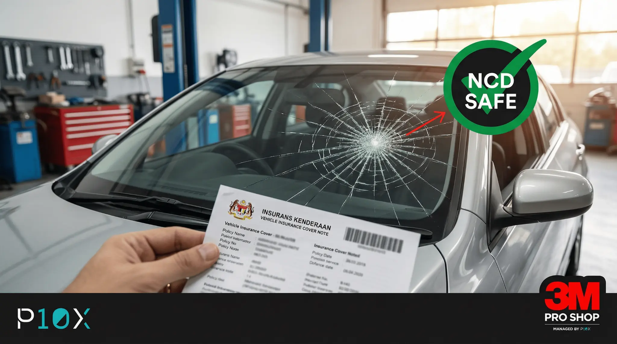 Windscreen claim NCD Malaysia feature image showing a cracked car windscreen with an insurance document and a green NCD Safe badge