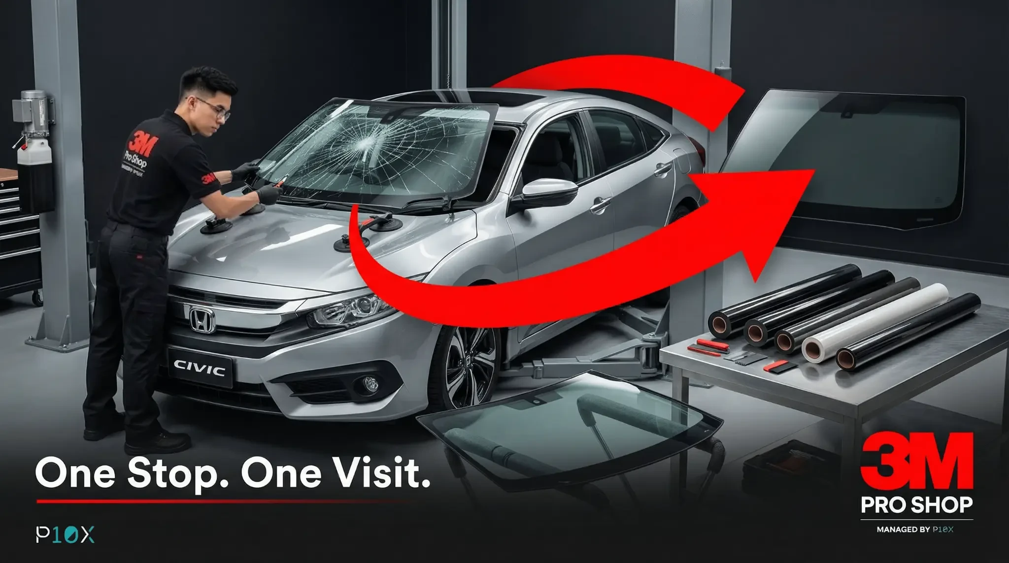 Windscreen replacement tinting one stop service at a professional KL workshop showing a car with new windscreen and fresh tint application