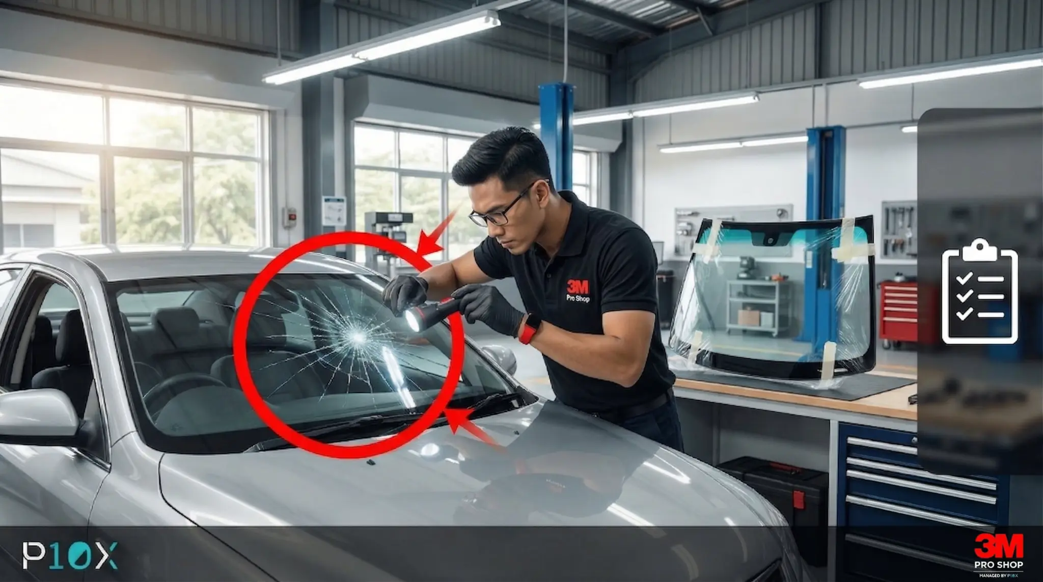 Best windscreen replacement shop KL guide showing a technician inspecting a cracked windscreen at a professional workshop