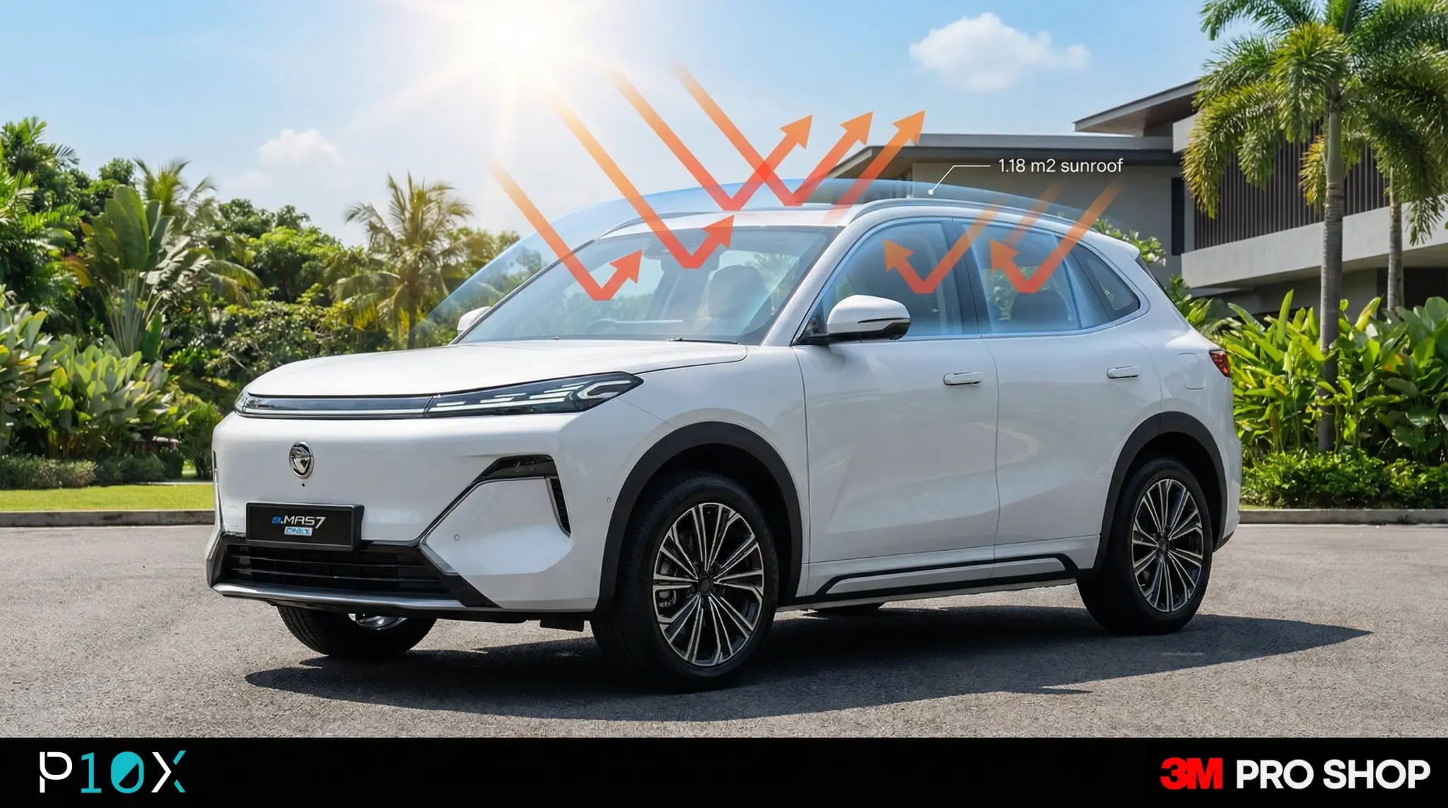 Proton eMAS 7 with window tint film showing heat rejection effect on the panoramic sunroof and side windows