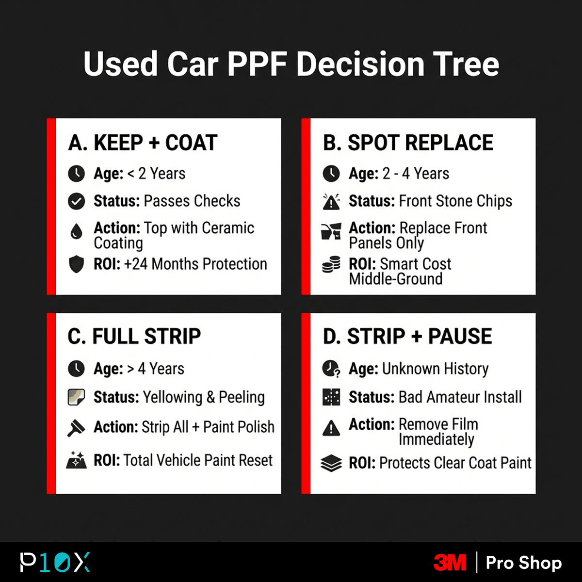 Used car PPF Malaysia decision tree flow showing four outcomes: keep and coat, spot replace, full strip and re-PPF, or strip and pause.