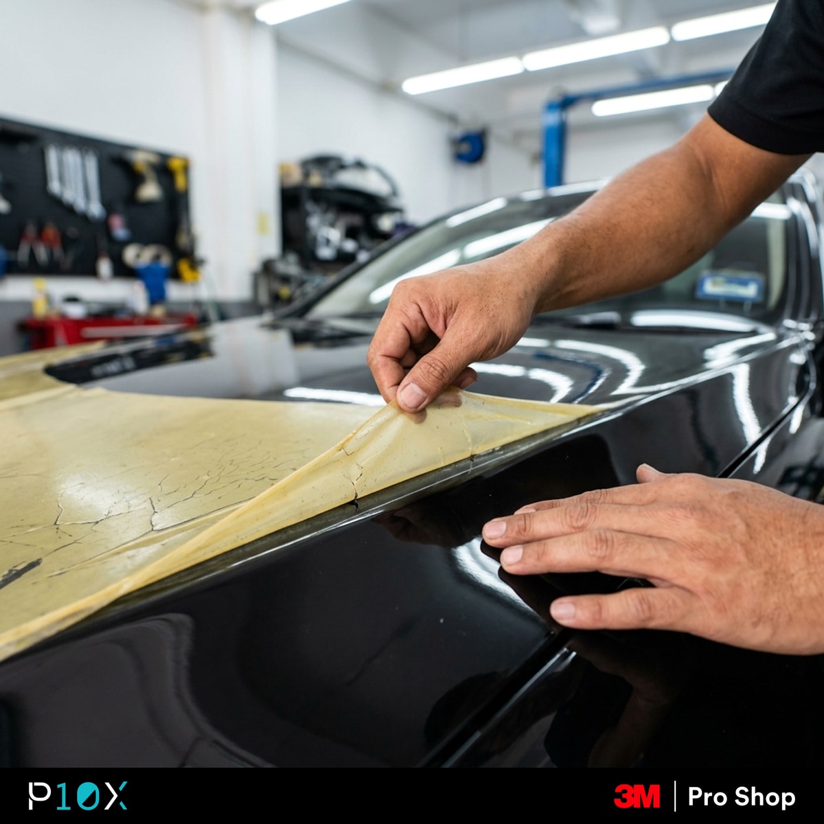 A skilled Malaysian technician meticulously peels off old paint protection film from a car's bonnet in a brightly lit workshop.