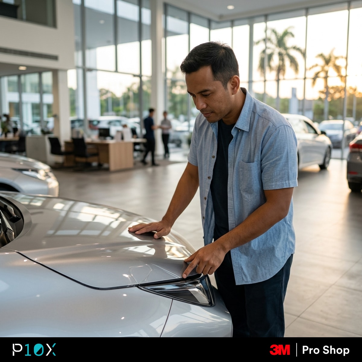 A Malaysian man thoughtfully inspects the existing paint protection film on the bonnet of a used car at a dealership, considering its condition.