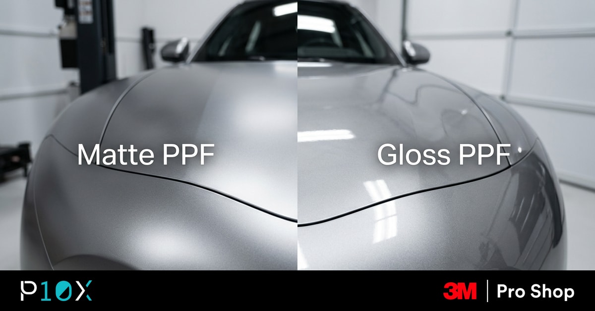 Matte PPF Malaysia feature image showing matte and gloss paint protection film side by side on a silver luxury EV