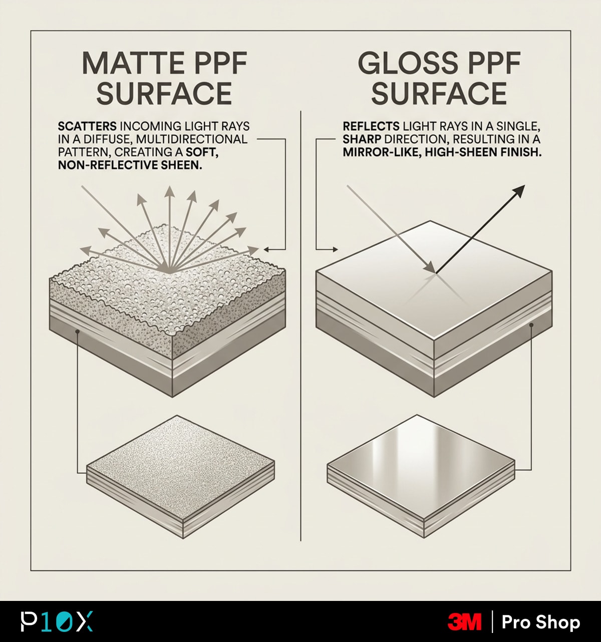 Matte PPF Malaysia texture diagram showing how matte film scatters light while gloss film reflects it in one direction