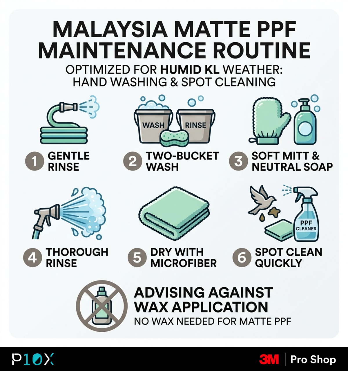 Matte PPF Malaysia maintenance routine infographic with six steps for hand washing, spot cleaning, and avoiding wax in KL weather