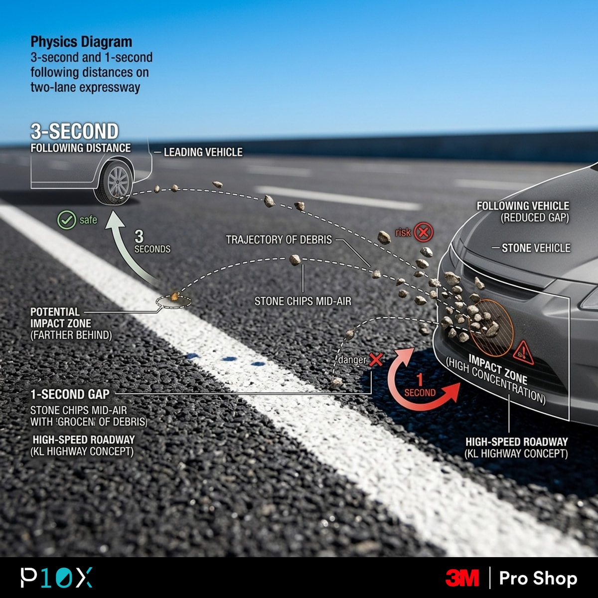 KL highway stone chips physics diagram comparing a 3-second following distance to a 1-second gap on a two-lane expressway.