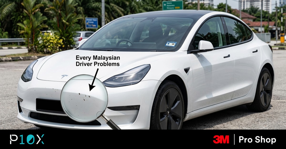 PPF for stone chips Malaysia protecting a white sedan's bumper and bonnet in studio lighting