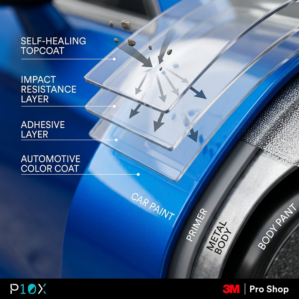 PPF for stone chips Malaysia cross-section showing self-healing, impact, and adhesive layers over car paint