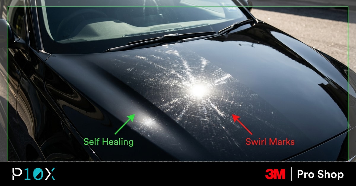 PPF for black car Malaysia close-up showing self-healing film on glossy sedan under midday sun