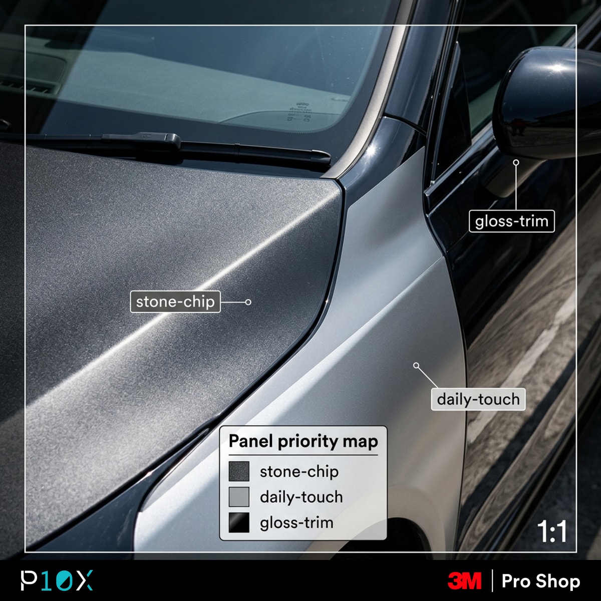 PPF for black car Malaysia panel priority map showing stone-chip, daily-touch and gloss-trim zones