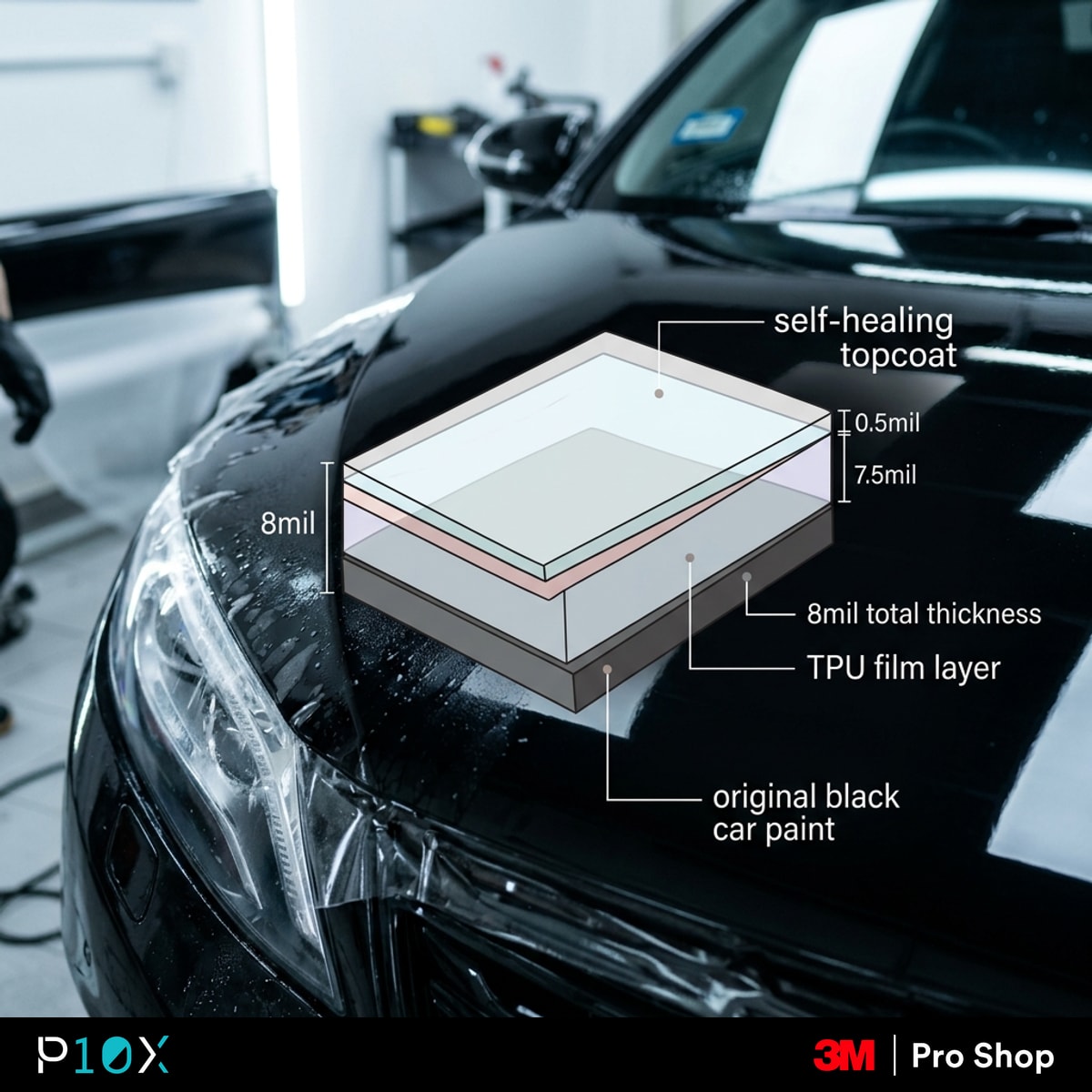 PPF for black car Malaysia layer diagram showing TPU film and self-healing topcoat on black paint