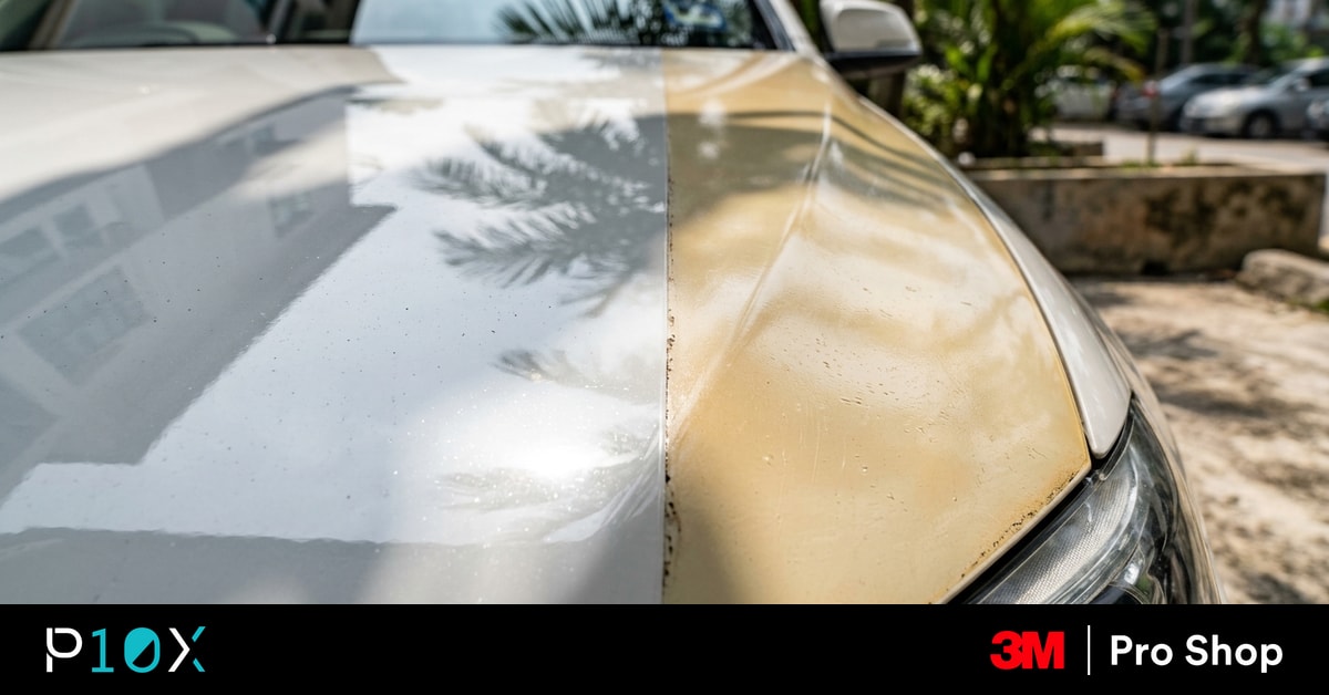 PPF yellowing in Malaysia shown on a white luxury car with a clear and yellowed film comparison.