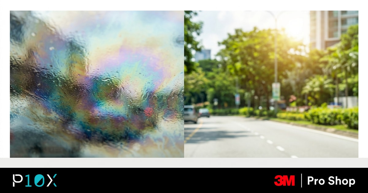 Windscreen blurry causes Malaysia split image showing oily glass blur on the left and clear glass on the right