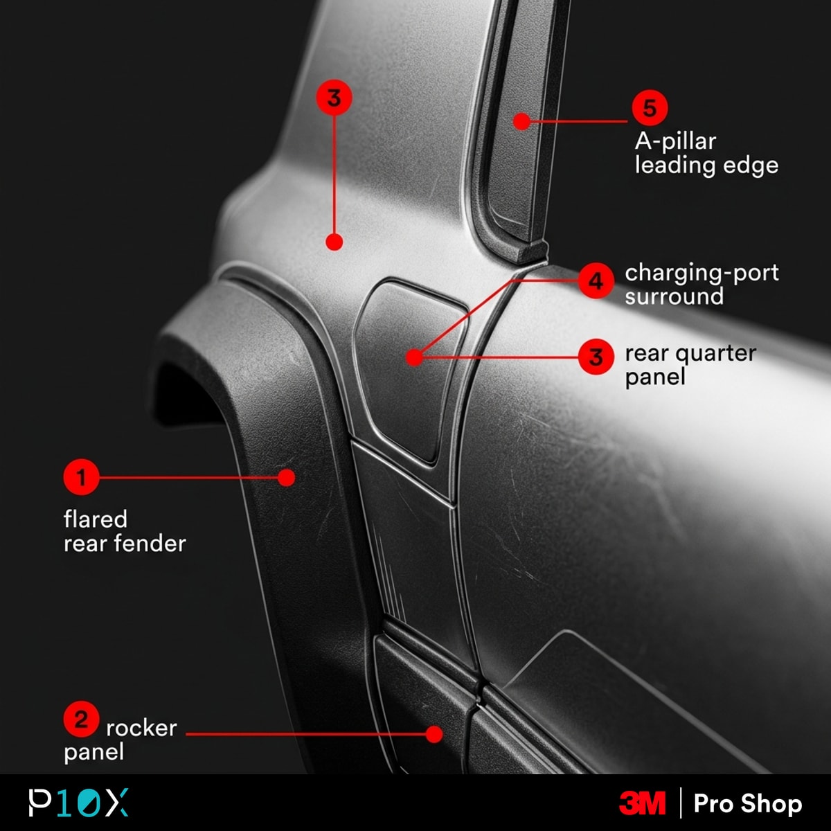 iCaur 03 PPF panel risk map showing rocker panels, flared rear fenders, rear quarter, charging port, and A-pillar edge as high-wear zones.