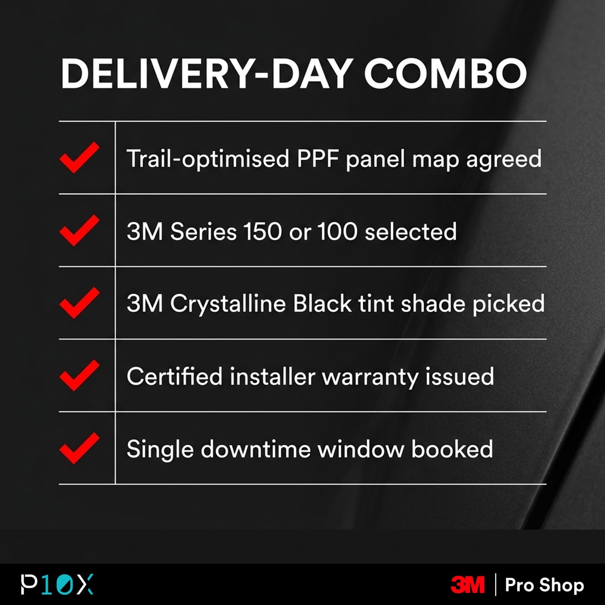 iCaur 03 PPF and 3M Crystalline Black tint delivery-day combo checklist with five items for Malaysian owners.