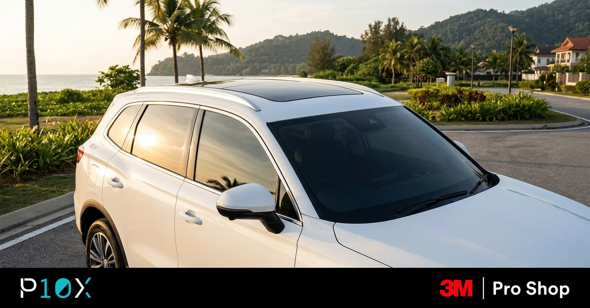 iCaur 03 window tint Malaysia hero image showing the panoramic sunroof and windscreen on a white iCaur 03 SUV.