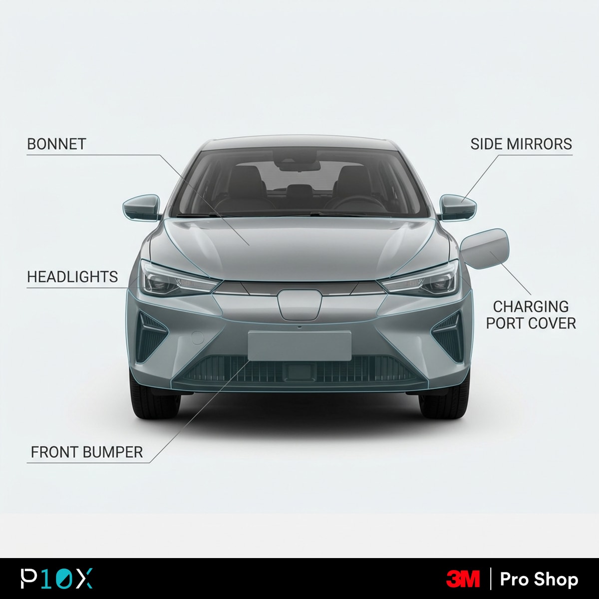 MG S5 EV 3M PPF Malaysia zone map showing the bonnet, bumper, headlights, mirrors, and charging port protection areas.