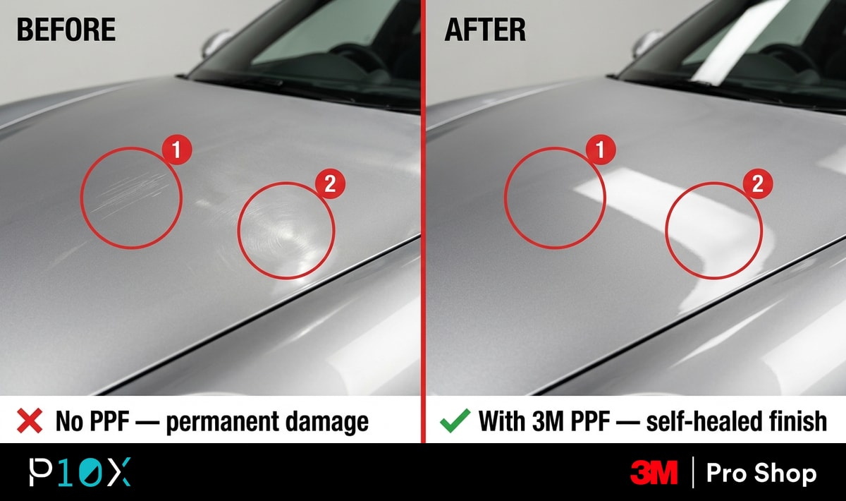 Self-healing PPF vs coating comparison on a Malaysian car bonnet, showing the healed side and the scratched side.