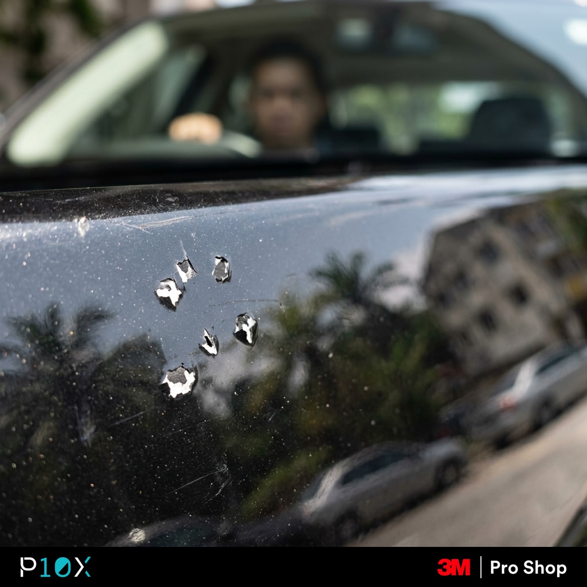 Close-up shot of a dark-colored car's bonnet, subtly revealing small stone chip damage on its paint surface while driving on a busy Kuala Lumpur highway.