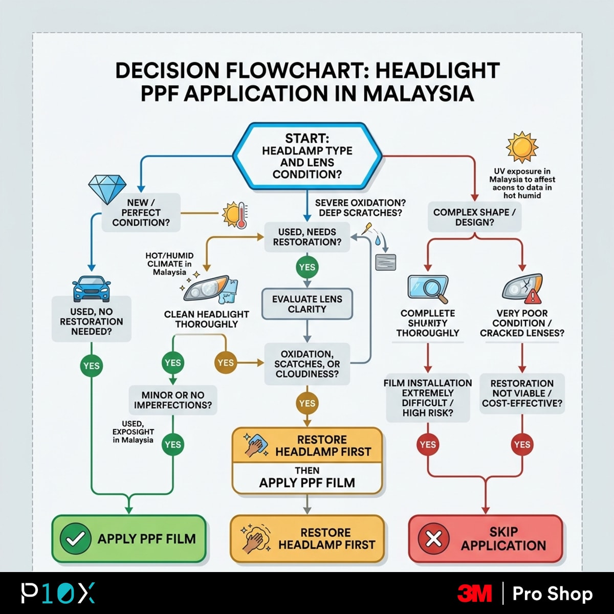 Headlight PPF Malaysia decision flowchart guiding owners on whether to apply film, restore first, or skip based on headlamp type and lens condition.