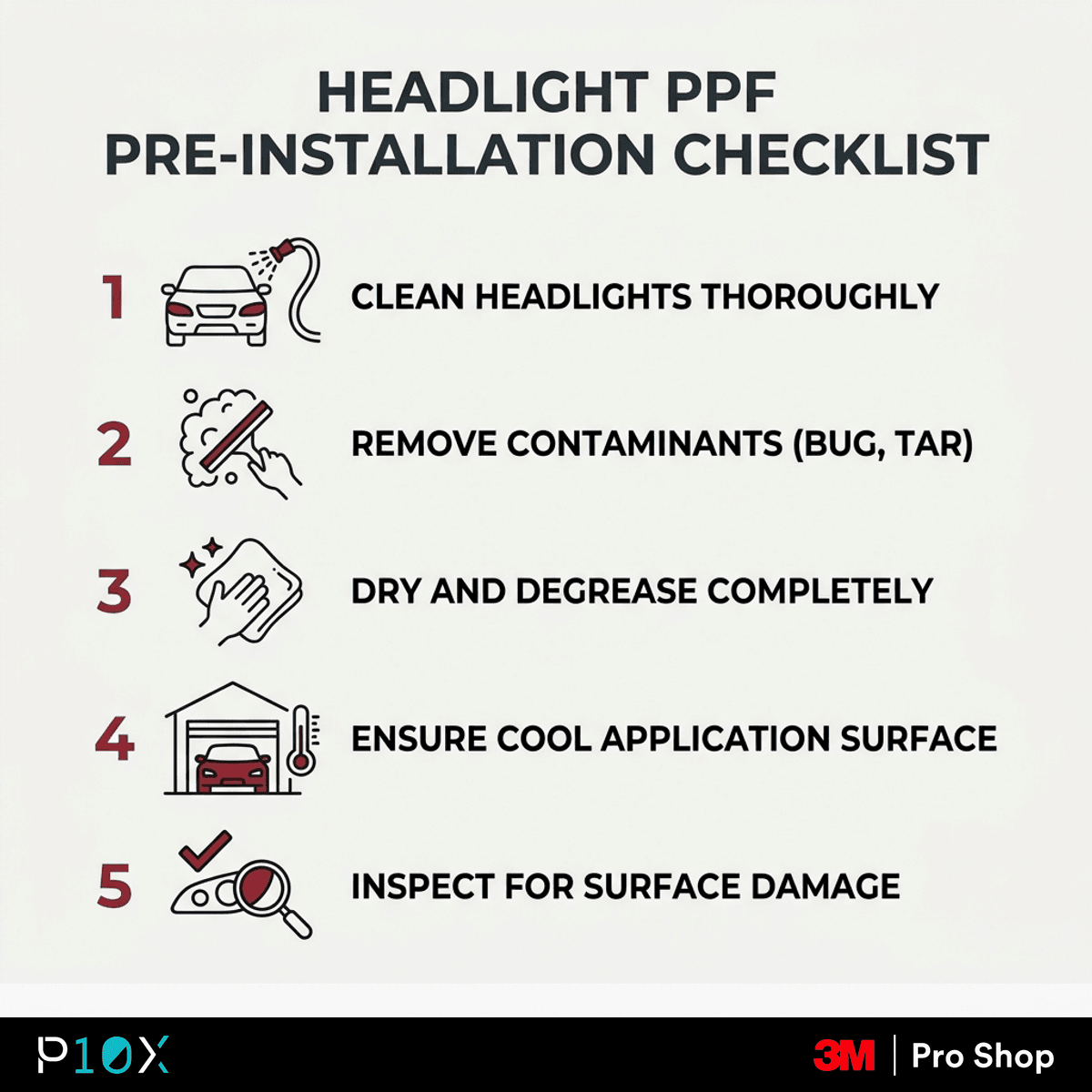 Headlight PPF Malaysia pre-install checklist diagram showing five owner-side checks before booking.