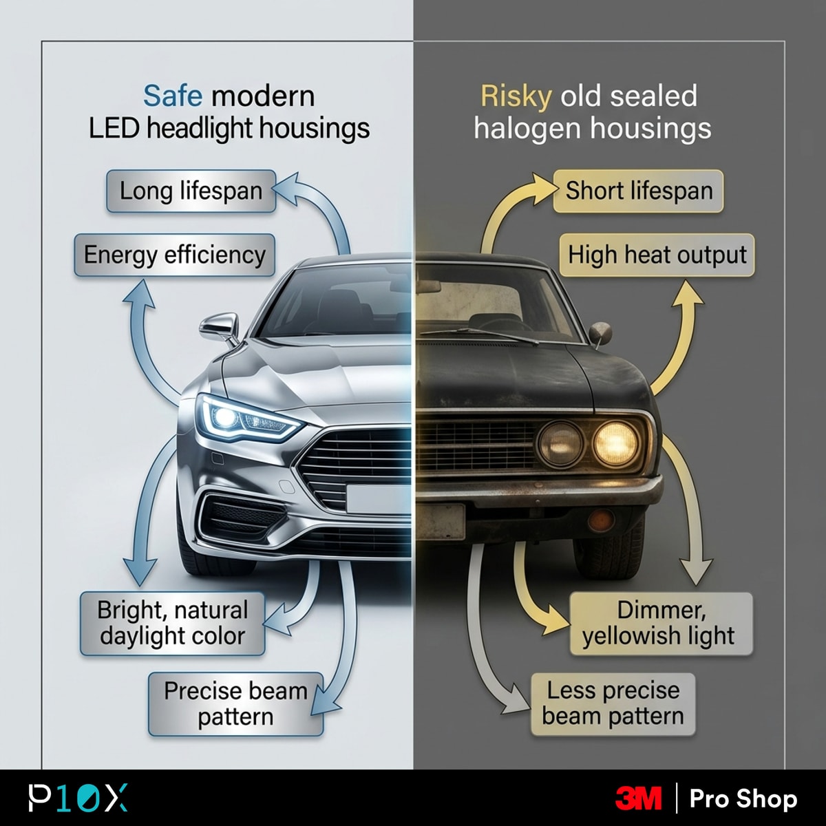Headlight PPF Malaysia decision diagram comparing safe modern LED housings against risky old sealed halogen housings.