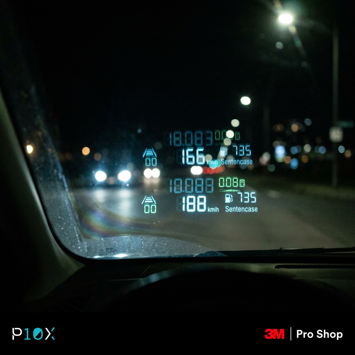 HUD ghosting on a windshield and its causes including film, glass wedge angle, and display setting