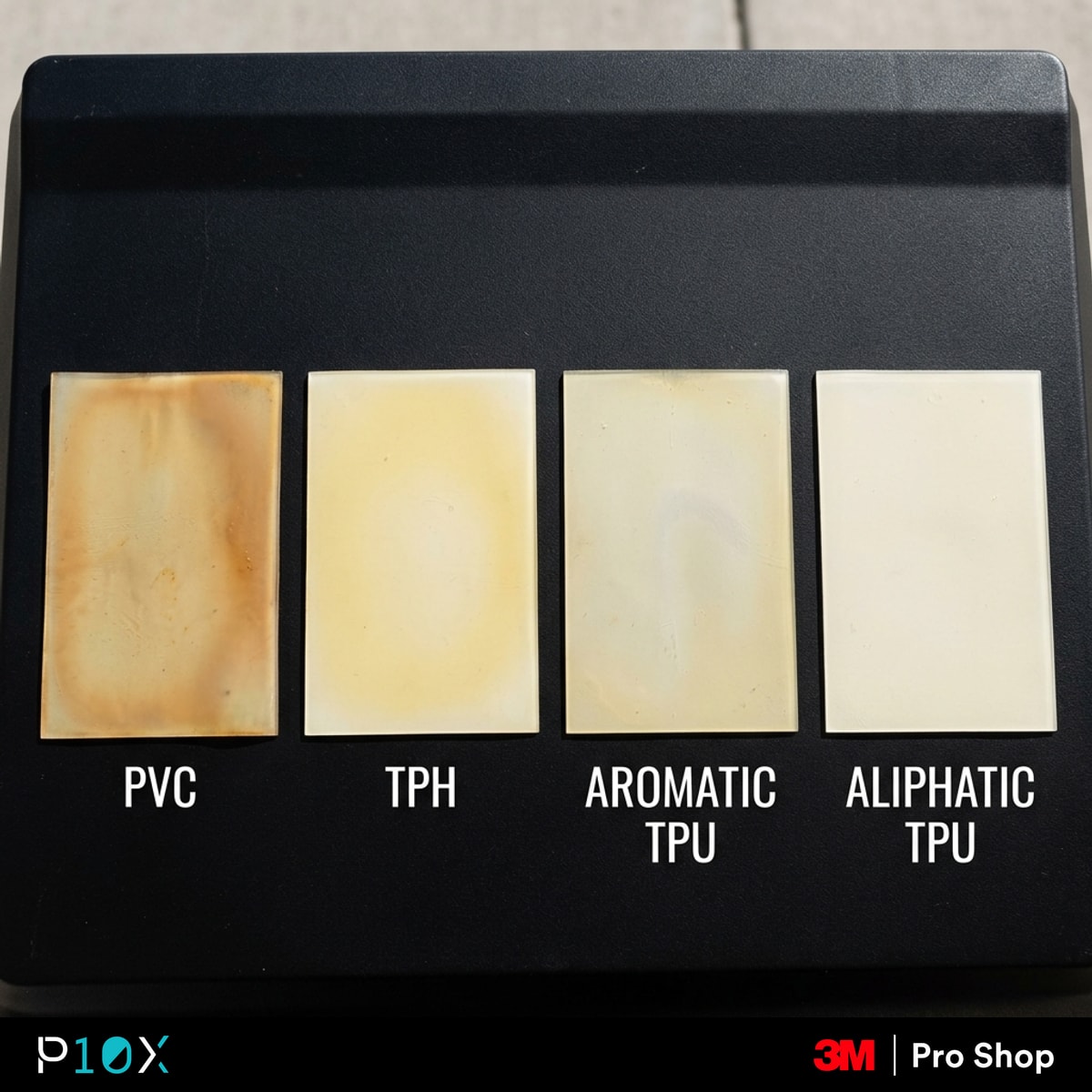 PPF yellowing comparison in Malaysia showing PVC, TPH, aromatic TPU, and aliphatic TPU film performance.