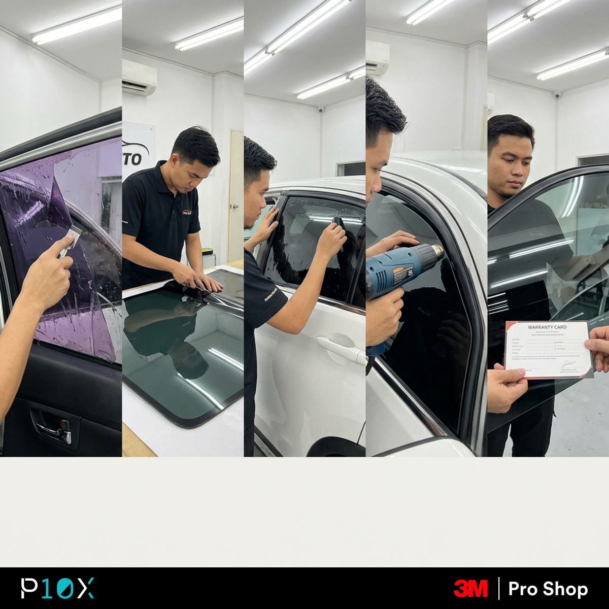 Retint car windows Malaysia professional process showing five steps from old film removal to final warranty check